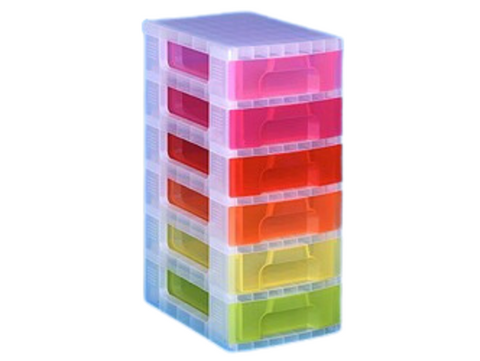 6 X 7 Litre Storage Tower - Clear Frame with Assorted Coloured Drawers